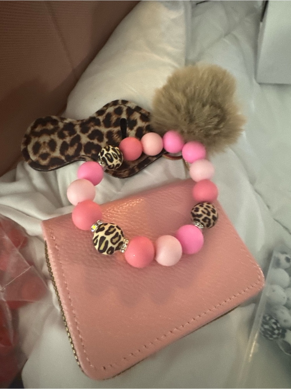 Kids Pink Leopard Bead Bracelet with Faux Fur Pom
